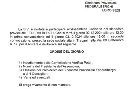 Convocazione Assemblea ordinaria del sindacato provinciale FEDERALBERGHI, Martedì 2 Dicembre 2024