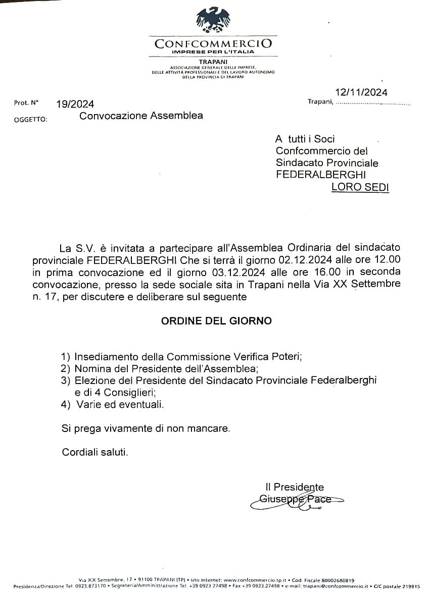 Convocazione Assemblea ordinaria del sindacato provinciale FEDERALBERGHI, Martedì 2 Dicembre 2024