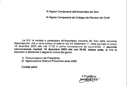 Convocazione Assemblea ordinaria, Lunedì 15 Dicembre 2025
