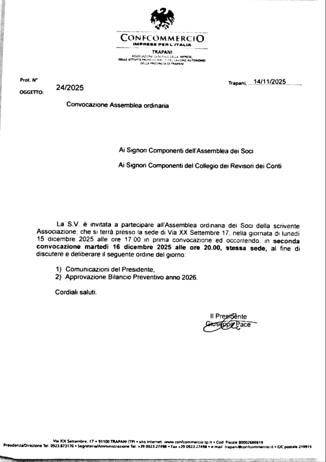Convocazione Assemblea ordinaria, Lunedì 15 Dicembre 2025
