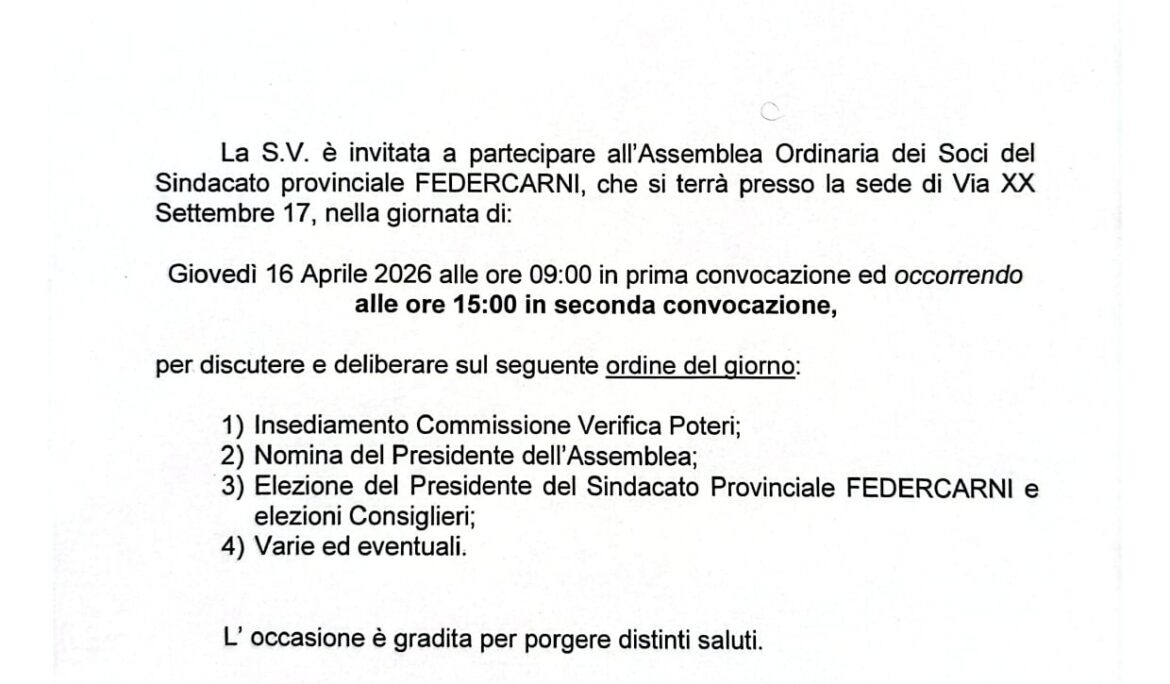 Convocazione Assemblea ordinaria Sindacato provinciale FEDERCARNI, Giovedì 16 Aprile 2026
