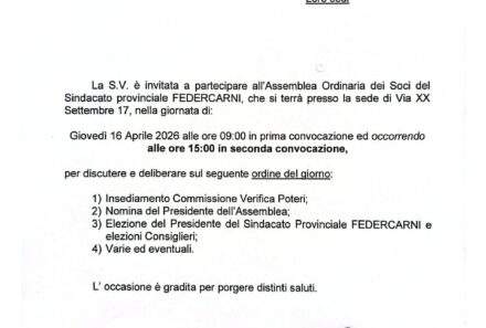 Convocazione Assemblea ordinaria Sindacato provinciale FEDERCARNI, Giovedì 16 Aprile 2026