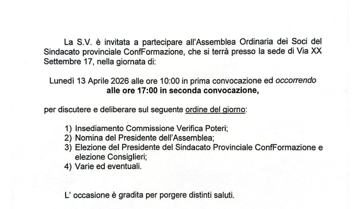 Convocazione Assemblea ordinaria sidacato ConfFormazione , Lunedì 14 Aprile 2026