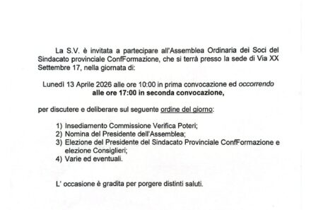 Convocazione Assemblea ordinaria sidacato ConfFormazione , Lunedì 14 Aprile 2026