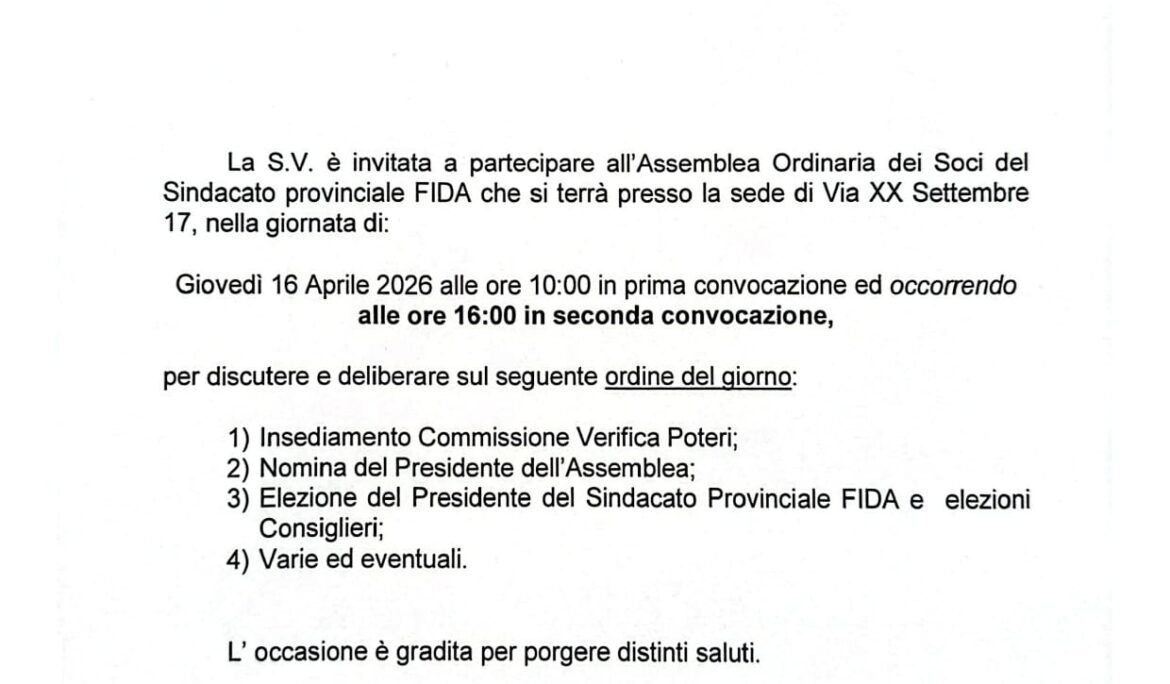 Convocazione Assemblea ordinaria Sindacato provinciale FIDA, Giovedì 16 Aprile 2026