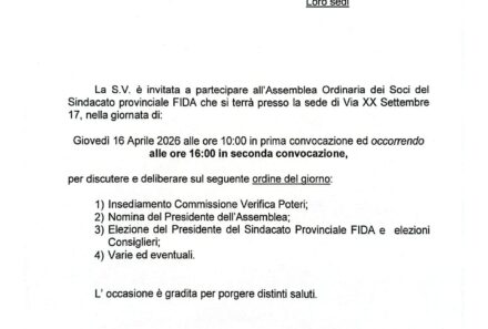 Convocazione Assemblea ordinaria Sindacato provinciale FIDA, Giovedì 16 Aprile 2026