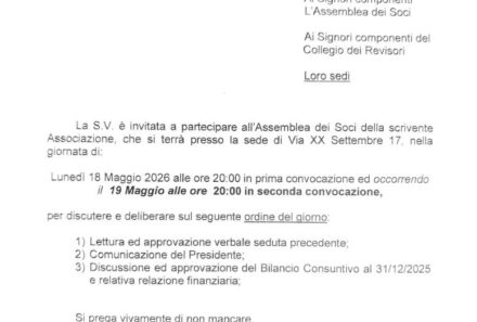 Convocazione Assemblea dei Soci, Lunedì 18 Maggio 2026