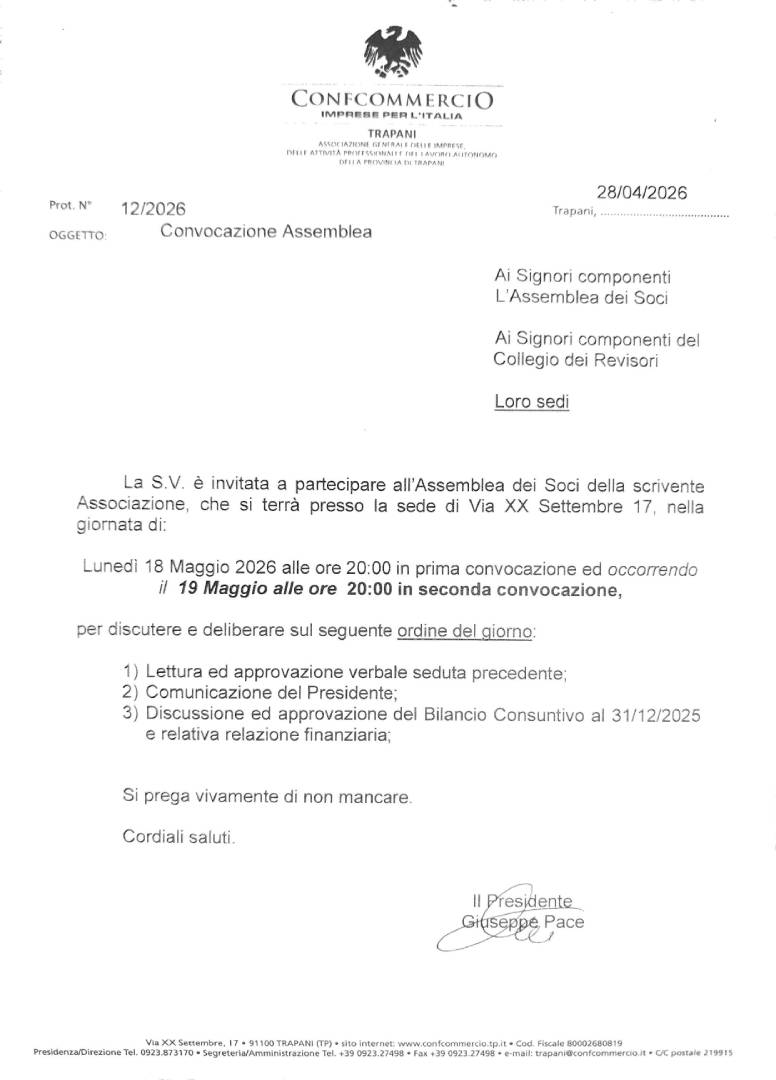 Convocazione Assemblea dei Soci, Lunedì 18 Maggio 2026